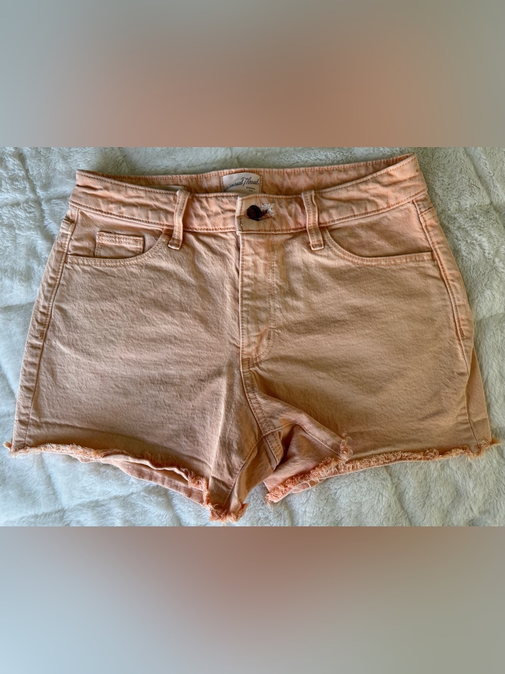 Universal Thread Peach Frayed Hem High-Rise Midi Denim Shorts